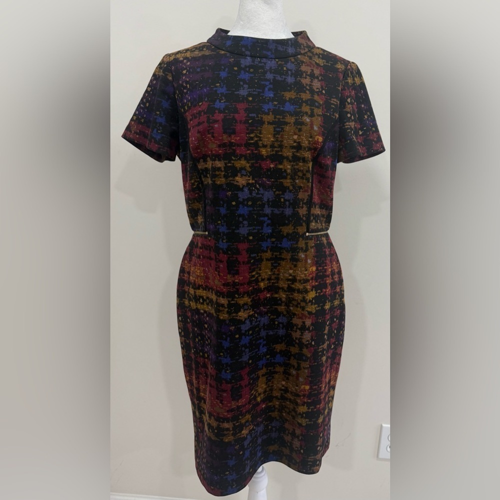 Tahari ASL Levine Black Multi Color Abstract Check Plaid Mock Neck Dress Size 6